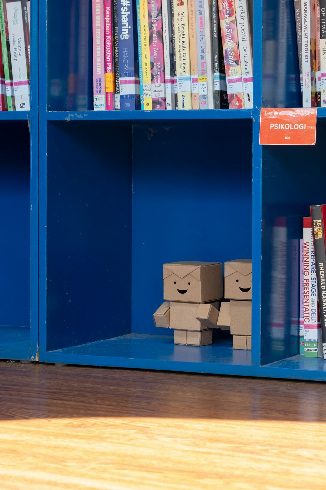 Library aisle with wooden shelves of books