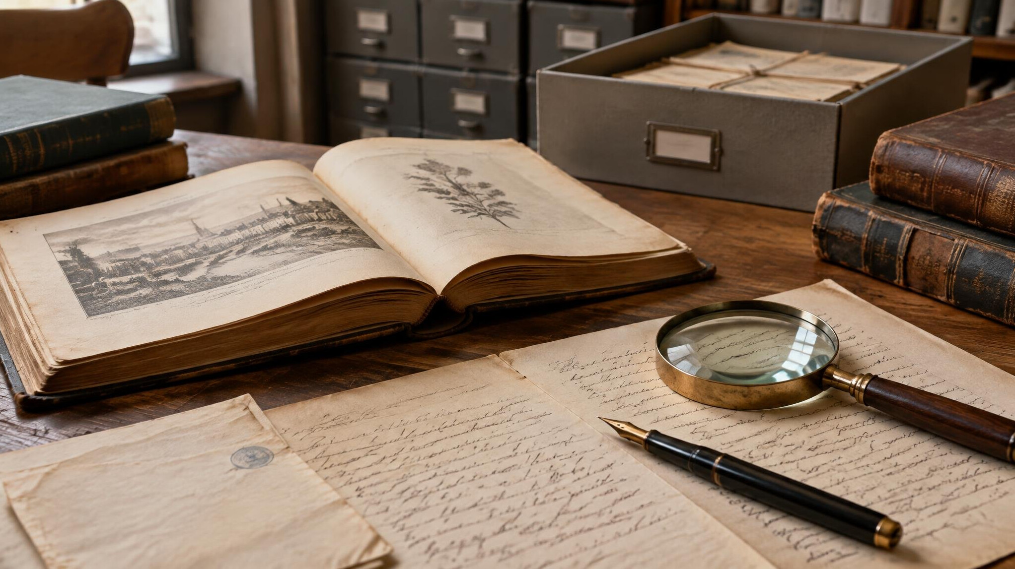 Open archive books with a pen on a desk